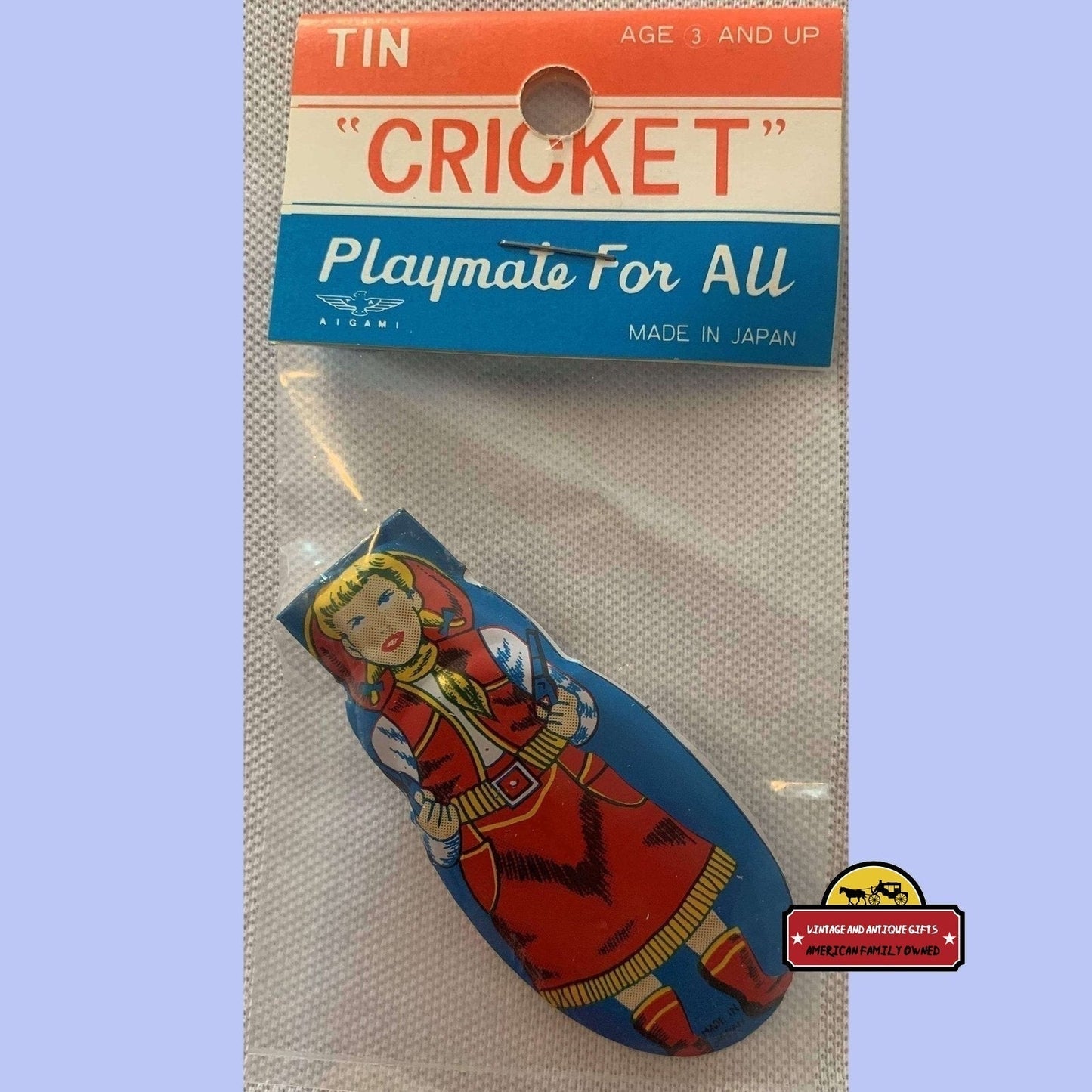 Rare 1950s Cowgirl Tin Clicker Cricket in Original Package