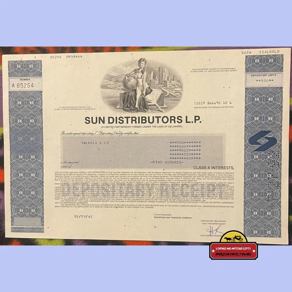 Rare Vintage Sun Distributors Stock Certificate 1990s Sunoco