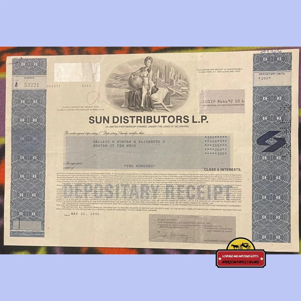 Rare Vintage Sun Distributors Stock Certificate 1990s Sunoco