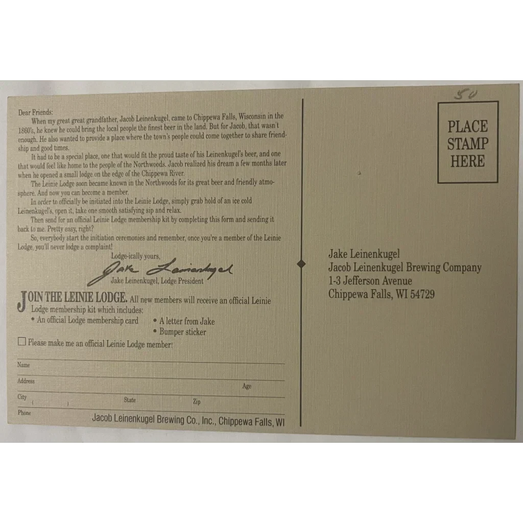 Rare Vintage Leinenkugel's Beer Postcard from Chippewa Falls