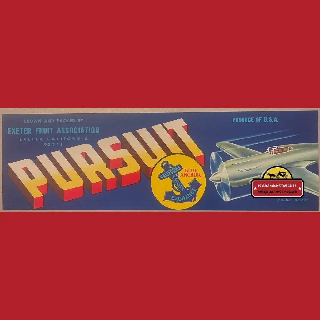 Vintage WWII P-51 Mustang Pursuit Crate Label from Exeter Fruit