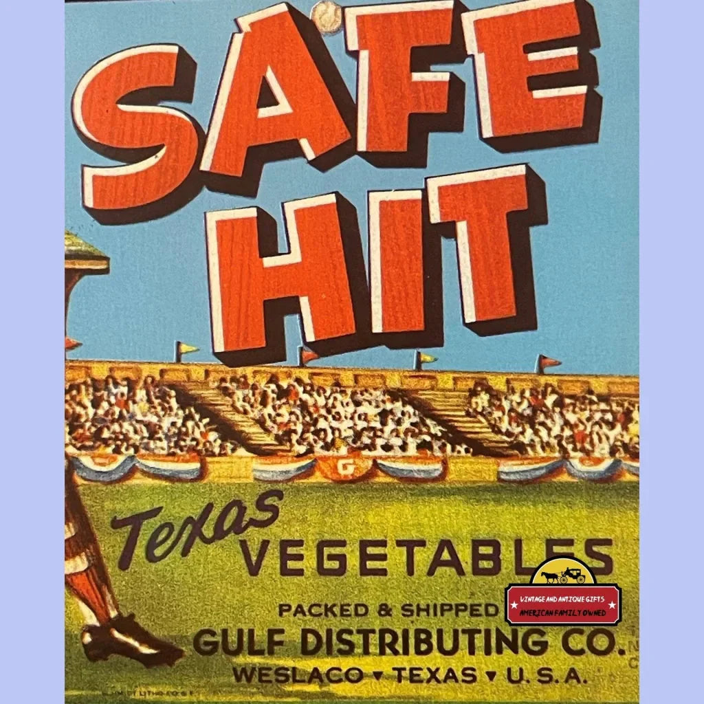 Pristine 1950s Vintage Safe Hit Baseball Crate Label from Texas
