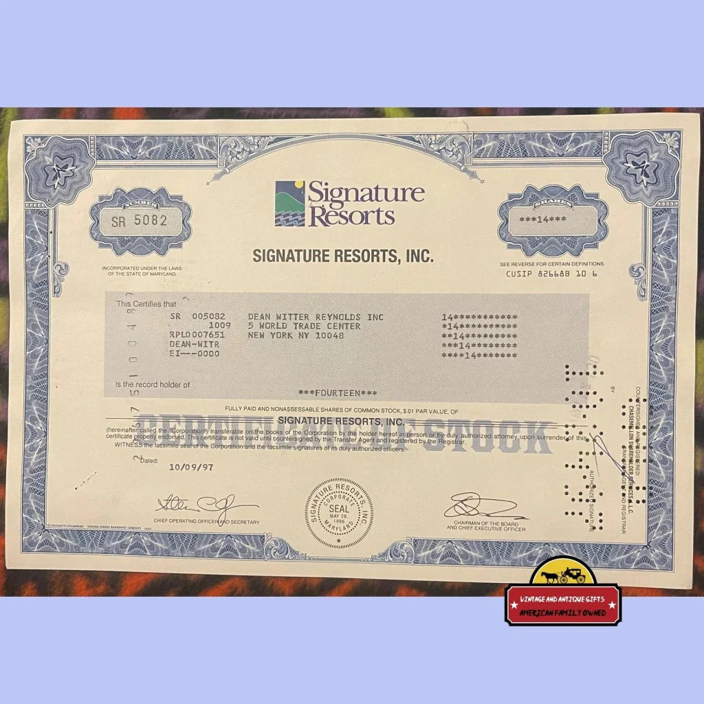 Rare 1997 Signature Resorts Stock Certificate Collectible