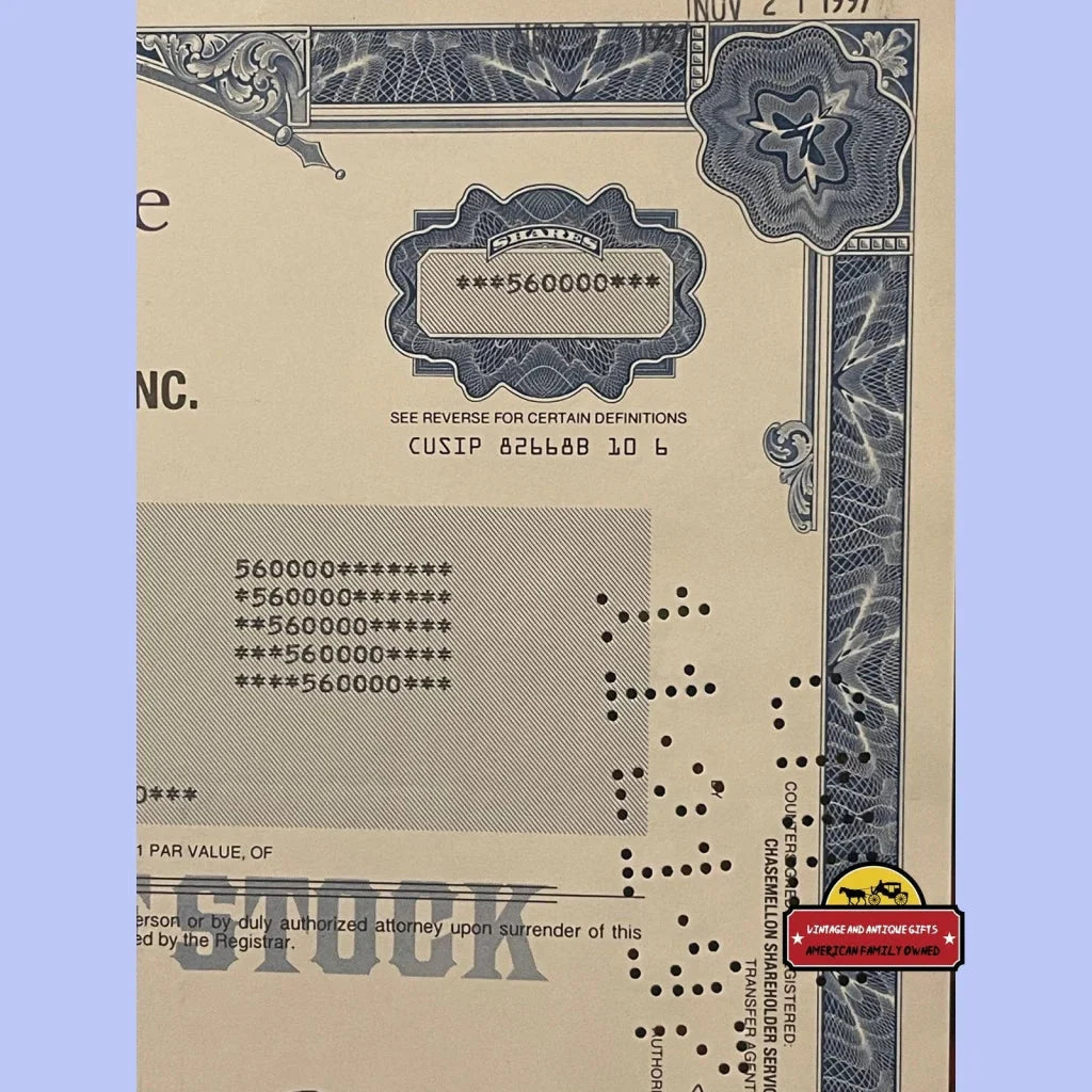 Rare 1997 Signature Resorts Stock Certificate Collectible