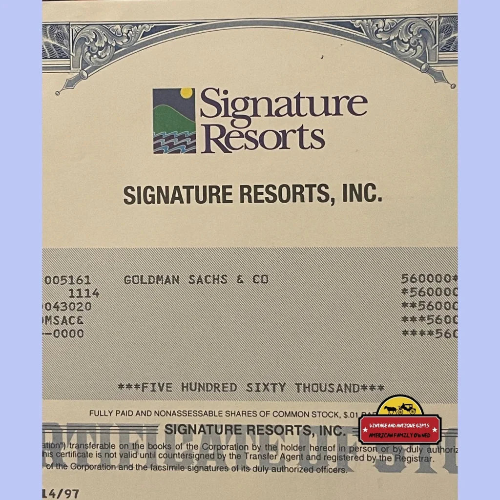 Rare 1997 Signature Resorts Stock Certificate Collectible