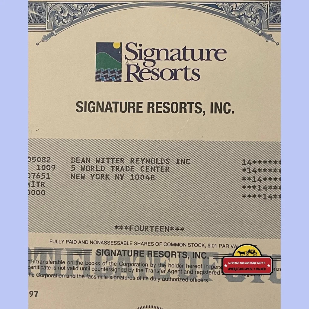 Rare 1997 Signature Resorts Stock Certificate Collectible