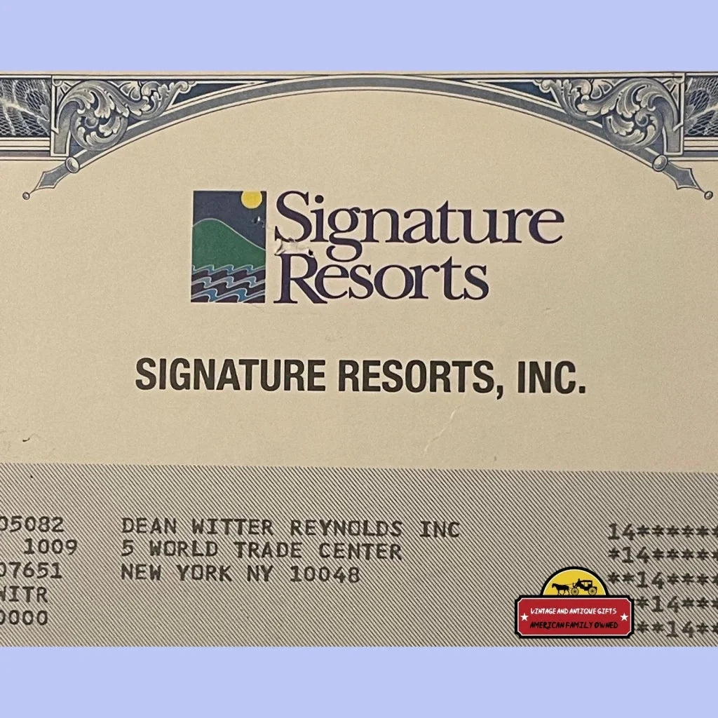Rare 1997 Signature Resorts Stock Certificate Collectible