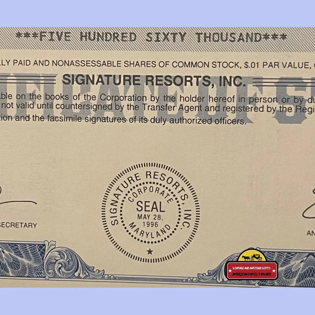 Rare 1997 Signature Resorts Stock Certificate Collectible