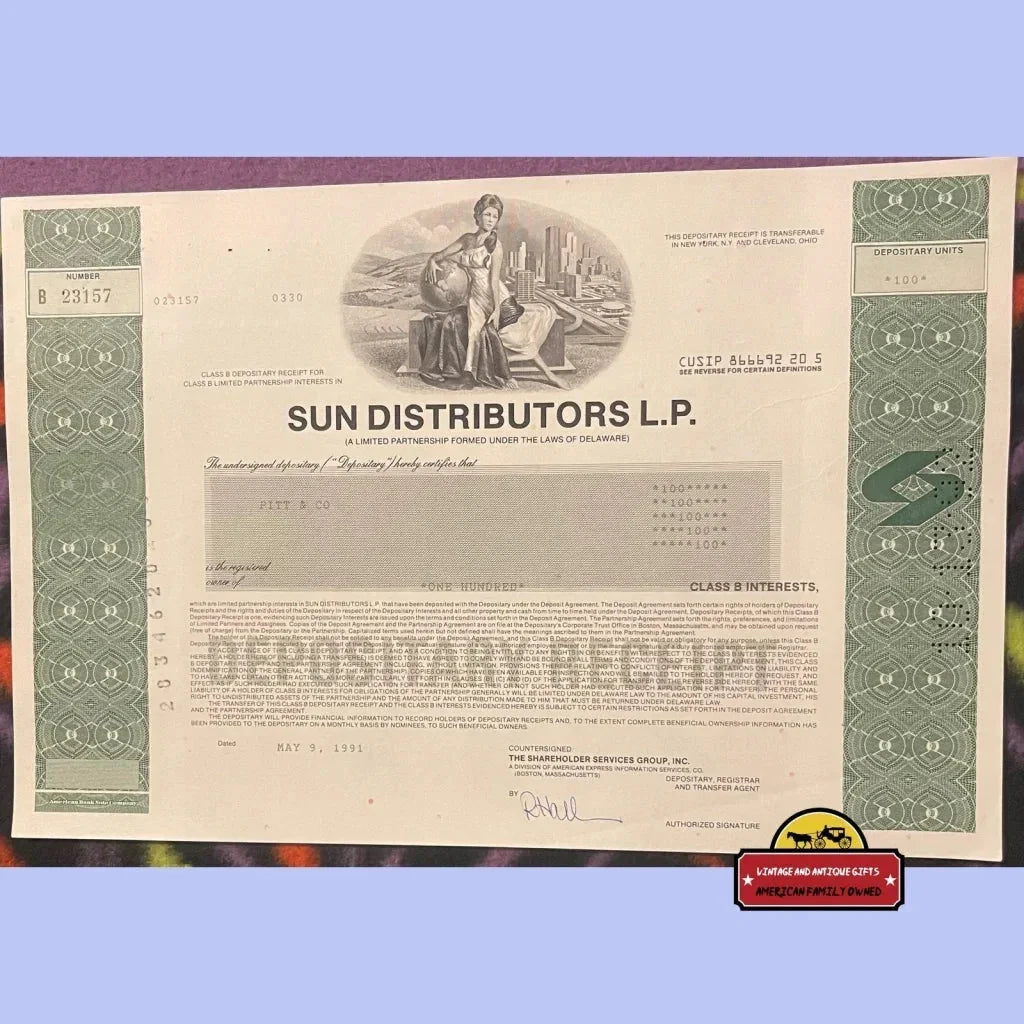 Rare Vintage Sun Distributors Stock Certificate from 1990s Sunoco