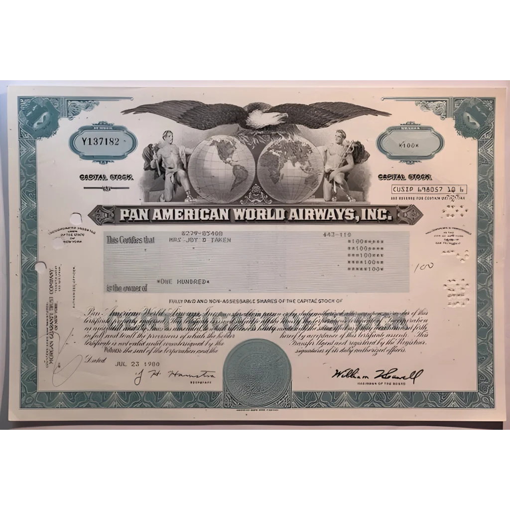 Vintage Teal Pan Am World Airways Stock Certificate Soars Again