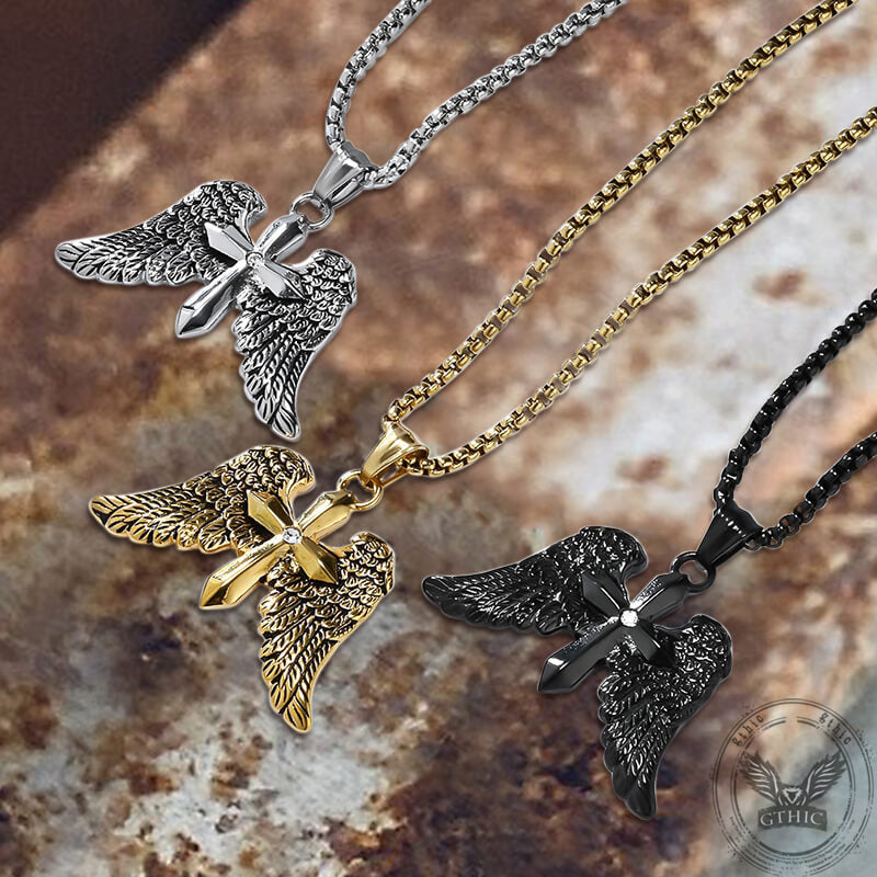 Vintage Cross Angel Wings Stainless Steel Pendant