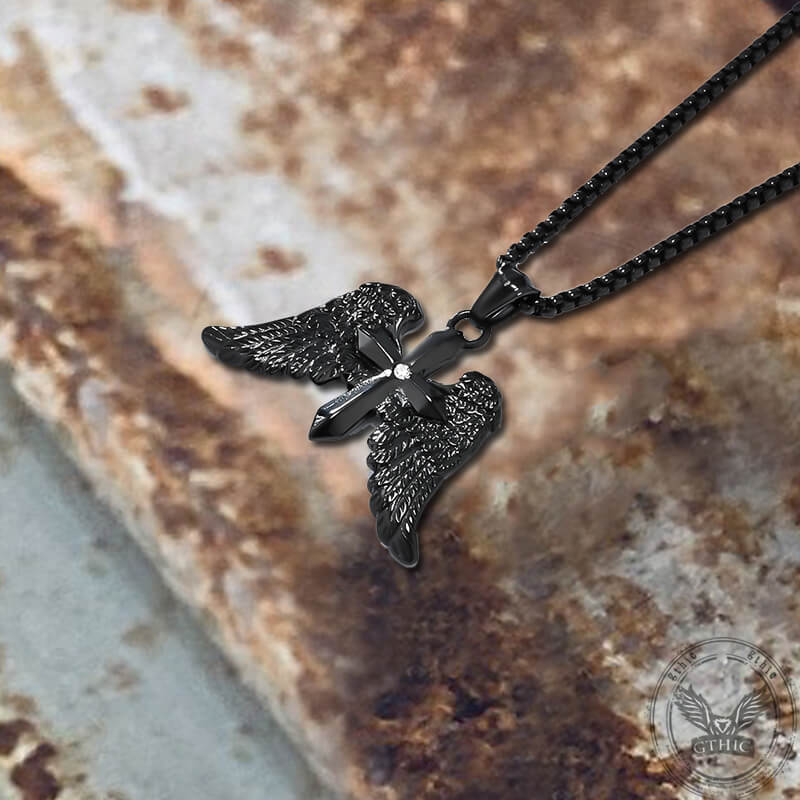 Vintage Cross Angel Wings Stainless Steel Pendant