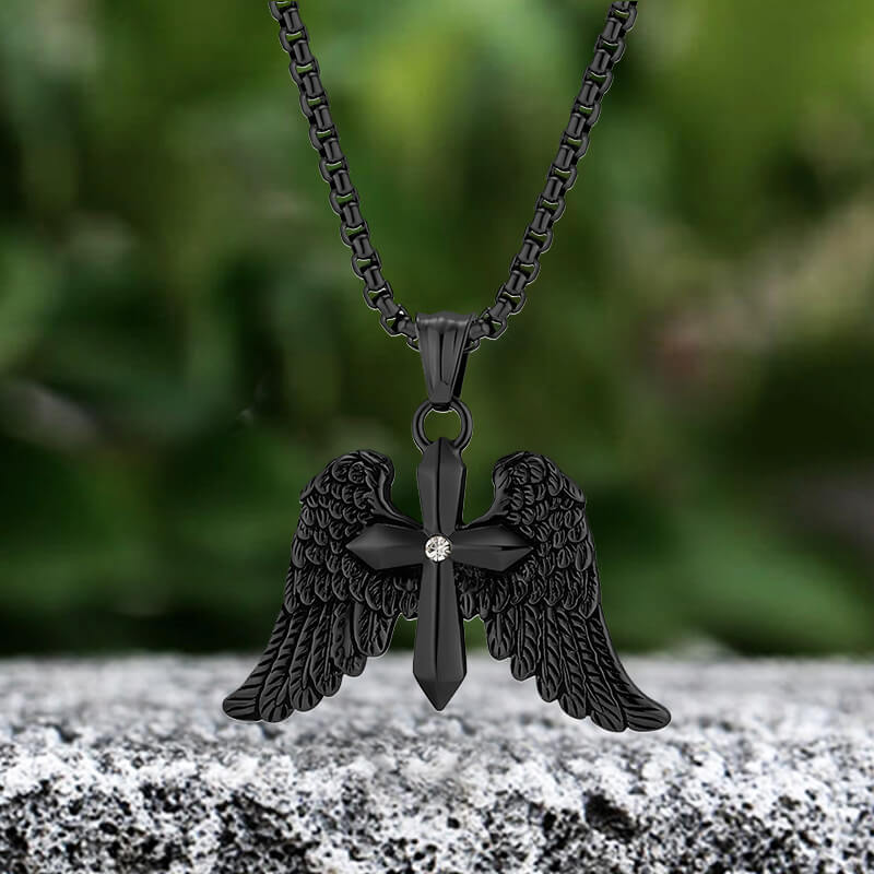 Vintage Cross Angel Wings Stainless Steel Pendant