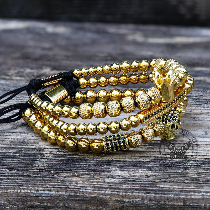 Vintage Crown Stainless Steel Skull Bracelet Set