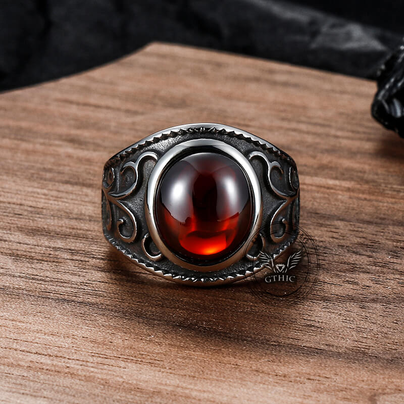 Vintage Engraved Flowers Ruby Stainless Steel Ring