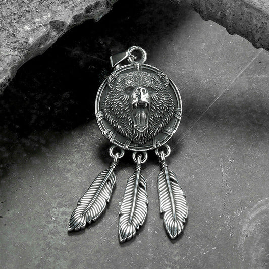 Vintage Feather Bear Head Stainless Steel Animal Pendant