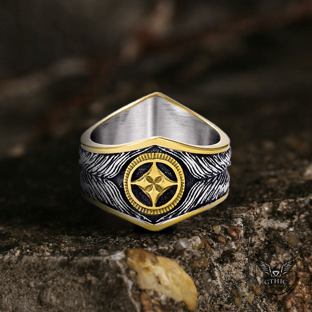 Vintage Feather Inlaid Turquoise Stainless Steel Ring