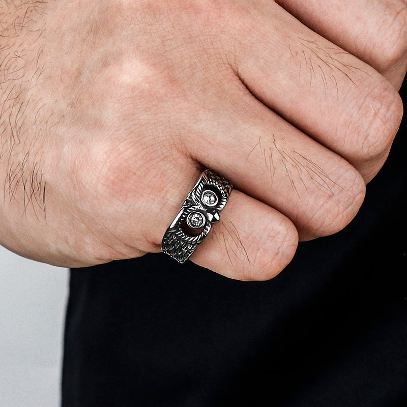 Vintage Gem-set Owl Stainless Steel Ring