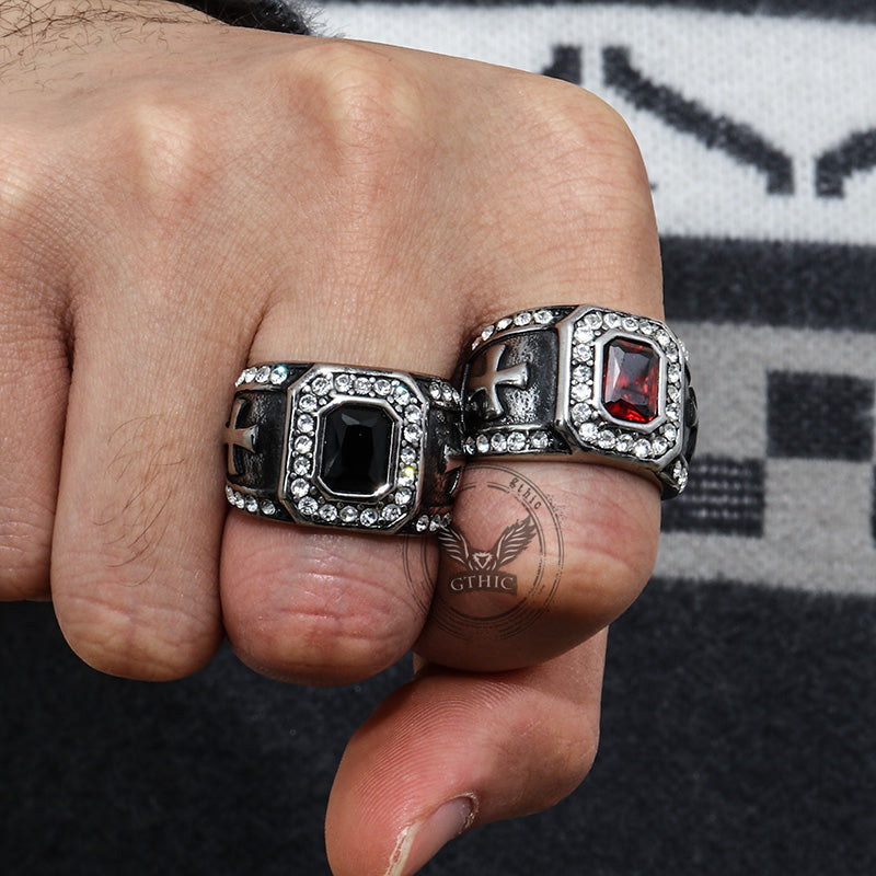 Vintage Gemstone Cross Stainless Steel Ring