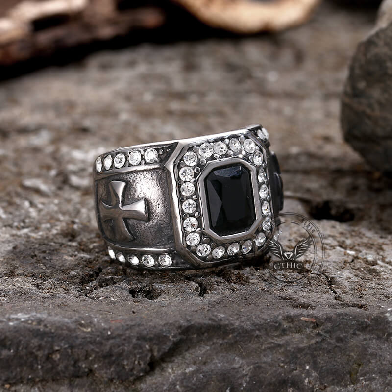 Vintage Gemstone Cross Stainless Steel Ring