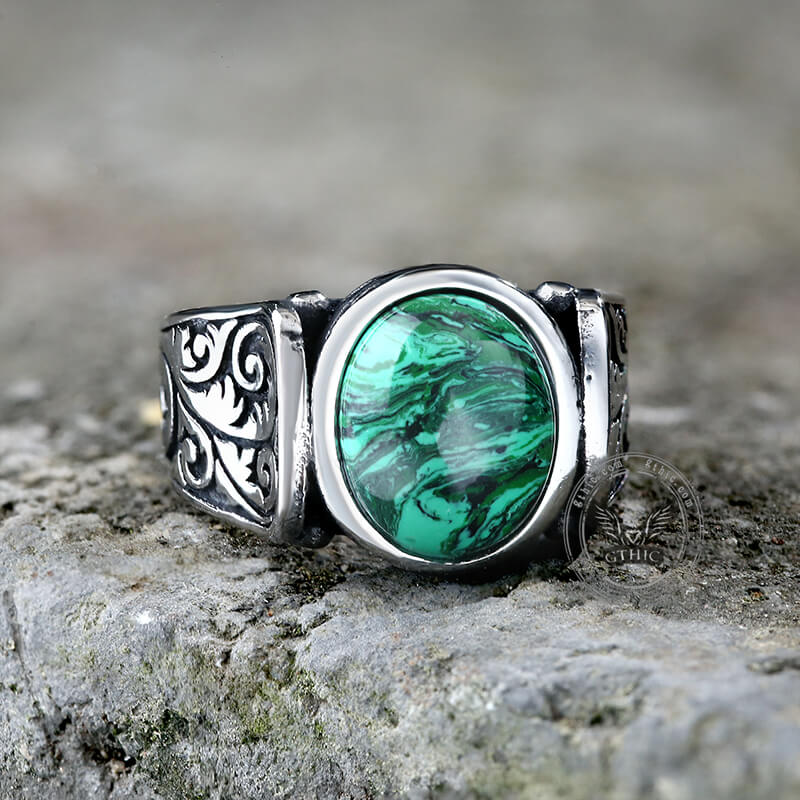 Vintage Malachite Inlaid Stainless Steel Gemstone Ring