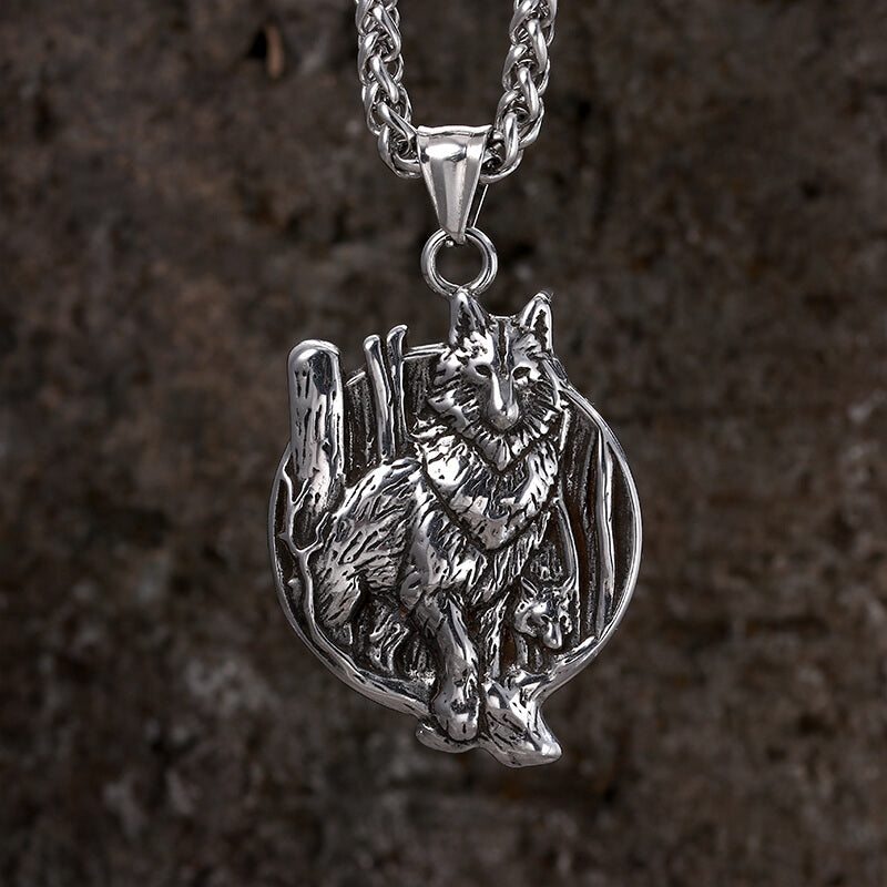 Vintage Nordic Viking Wolf Head Stainless Steel Pendant Necklace