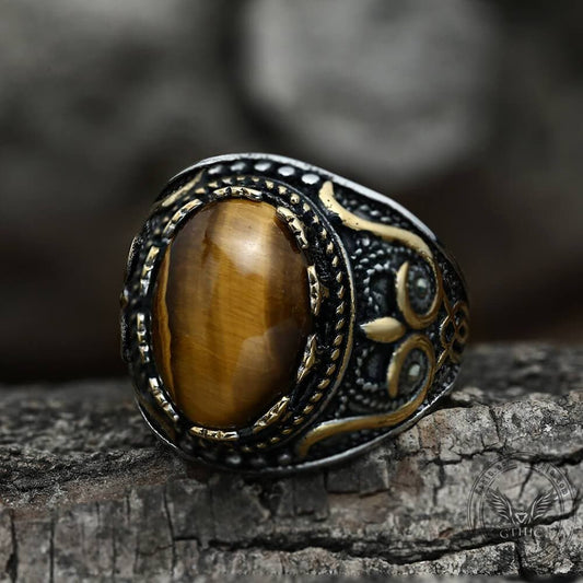 Vintage Pattern Turquoise Tiger-Eye Stainless Steel Ring