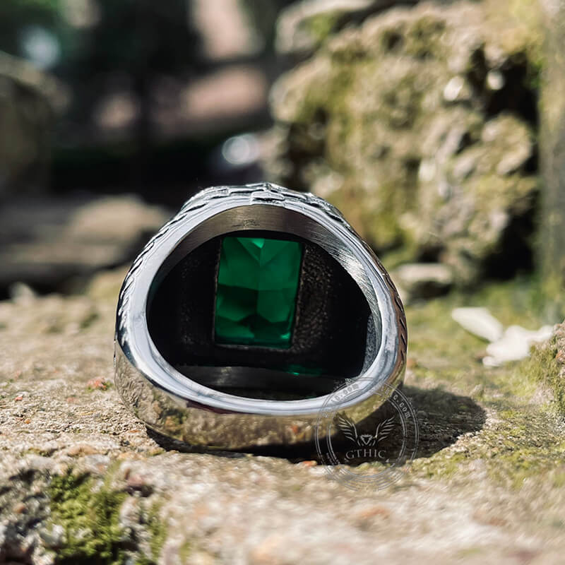Vintage Patterns Green Zircon Stainless Steel Ring