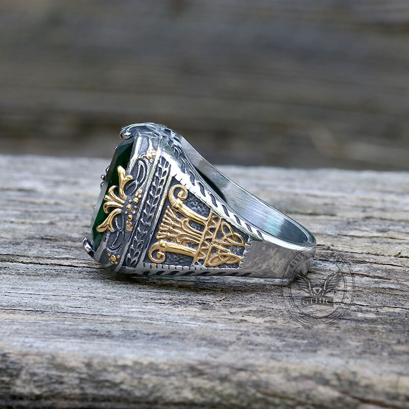 Vintage Patterns Green Zircon Stainless Steel Ring