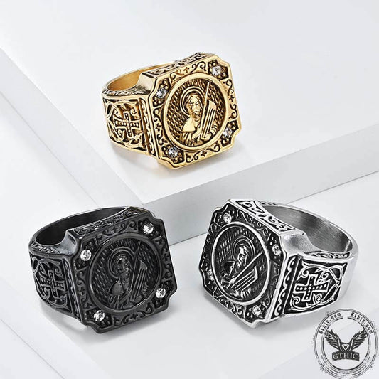Vintage Portrait Cross Stainless Steel Ring