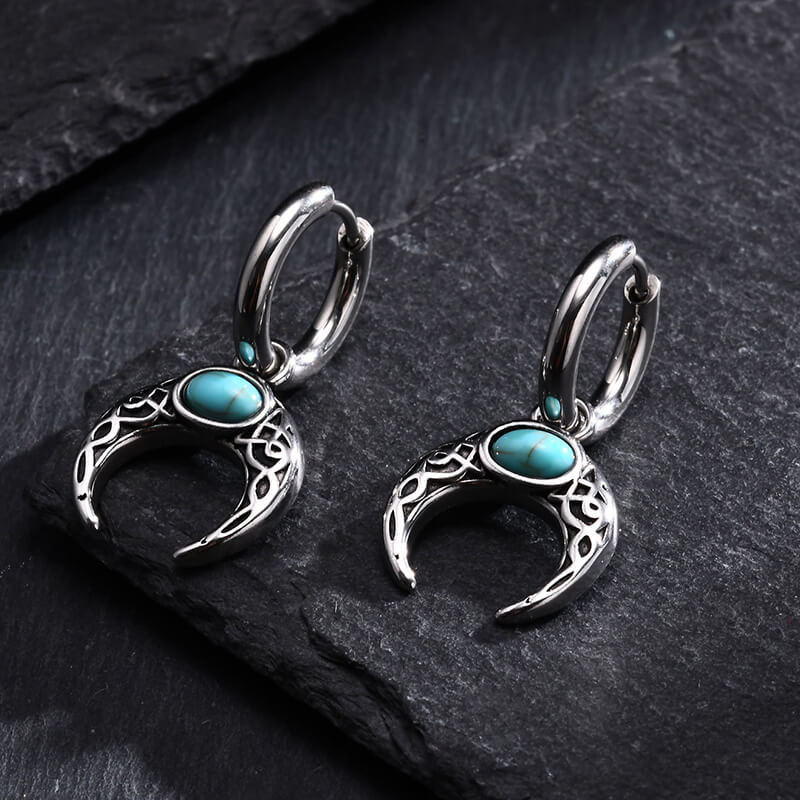 Vintage Turquoise Moon Stainless Steel Hoop Earrings