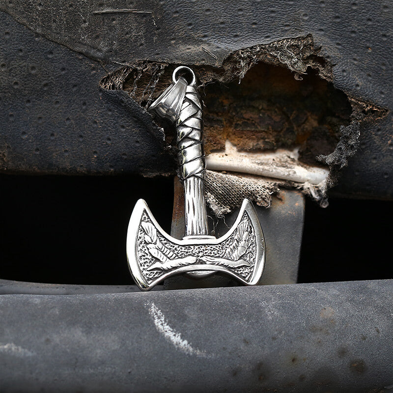 Vintage Viking Raven Axe Stainless Steel Pendant