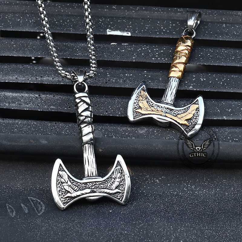 Vintage Viking Raven Axe Stainless Steel Pendant