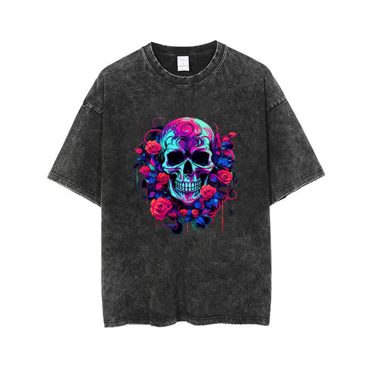 Vintage Washed Flower Skull Print T-shirt