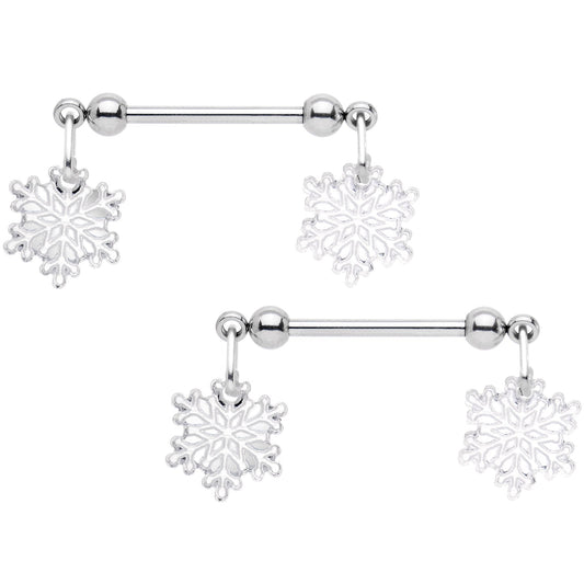 14G 5/8 Winter Snowflake Dangle Barbell Nipple Ring Set