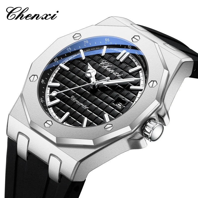 Luxury watch with black dial and silver case on a white background, brand 'Chenxi' visible.