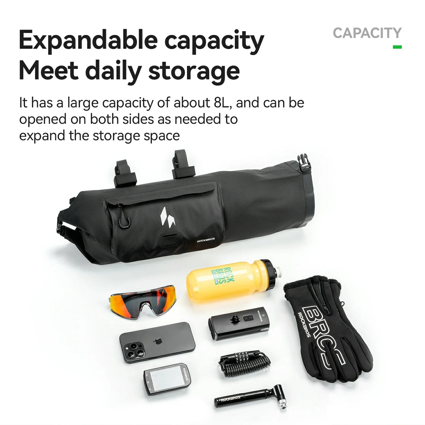 RideMate 100% Waterproof Bike Handlebar Bag 8L Double-sided Opening Expanded Capacity