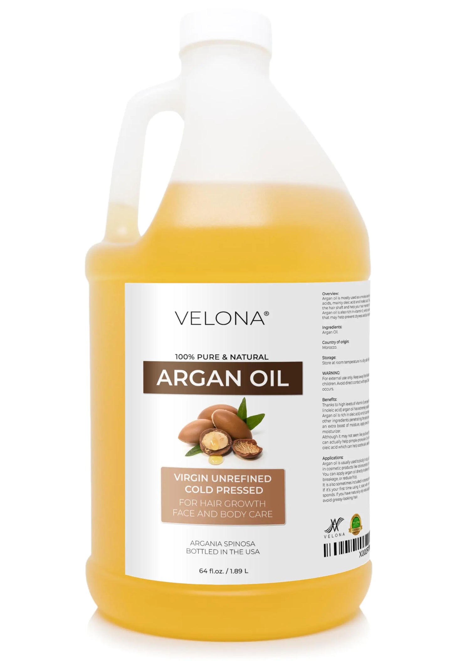 velona Argan Oil - 64 Fl Oz | 100% Pure and Natural | Morocco Oil | Stimulate Hair Growth Skin Body and Face Care | Nails Protector | Unrefined Cold Pressed