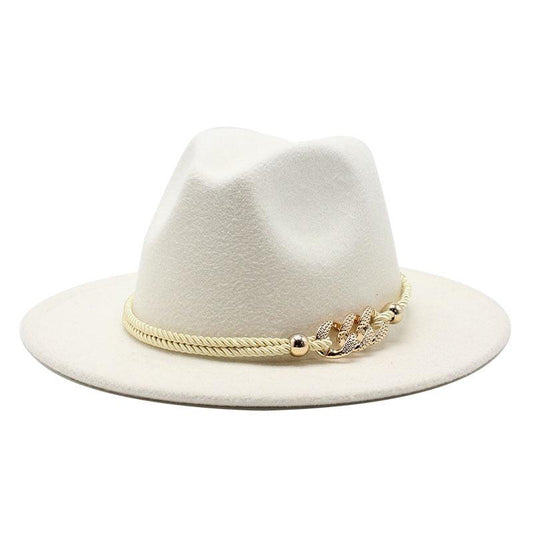 White Elegant Wide Brim Simple Hat Summer Women Lady Retro Wide Brim Hat Charming Fedora Hat Solid Color Fedoras Hat With Chain Men Women Cotton Comfortable Jazz Cap 56-58cm