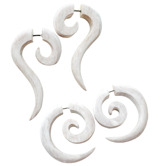 Wooden spiral earring organic jewelry rustic white color fake piercing