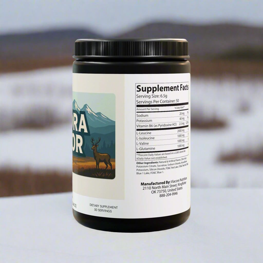 Supplement container with label featuring a deer and mountain landscape on a white background