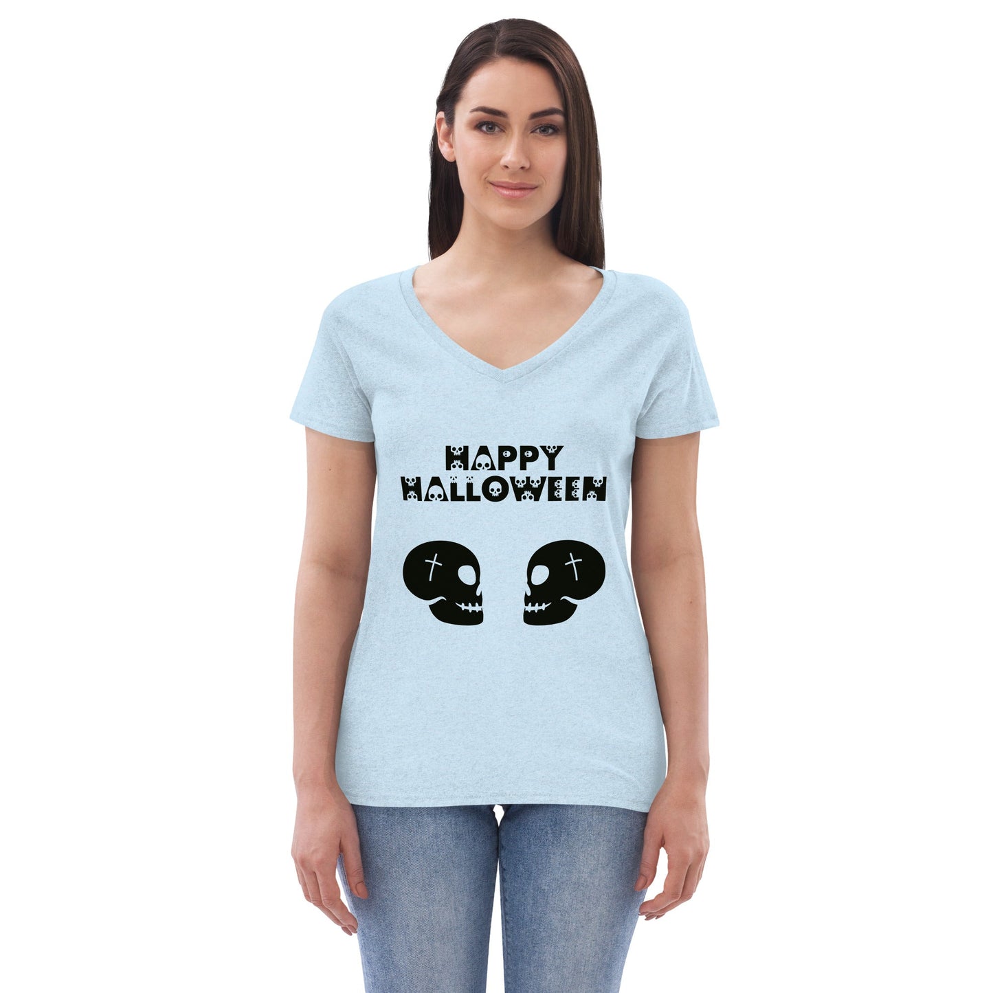 Happy Halloween in Black Skull Font with 2 Facing Skulls Women’s recycled v-neck t-shirt - Lizard Vigilante