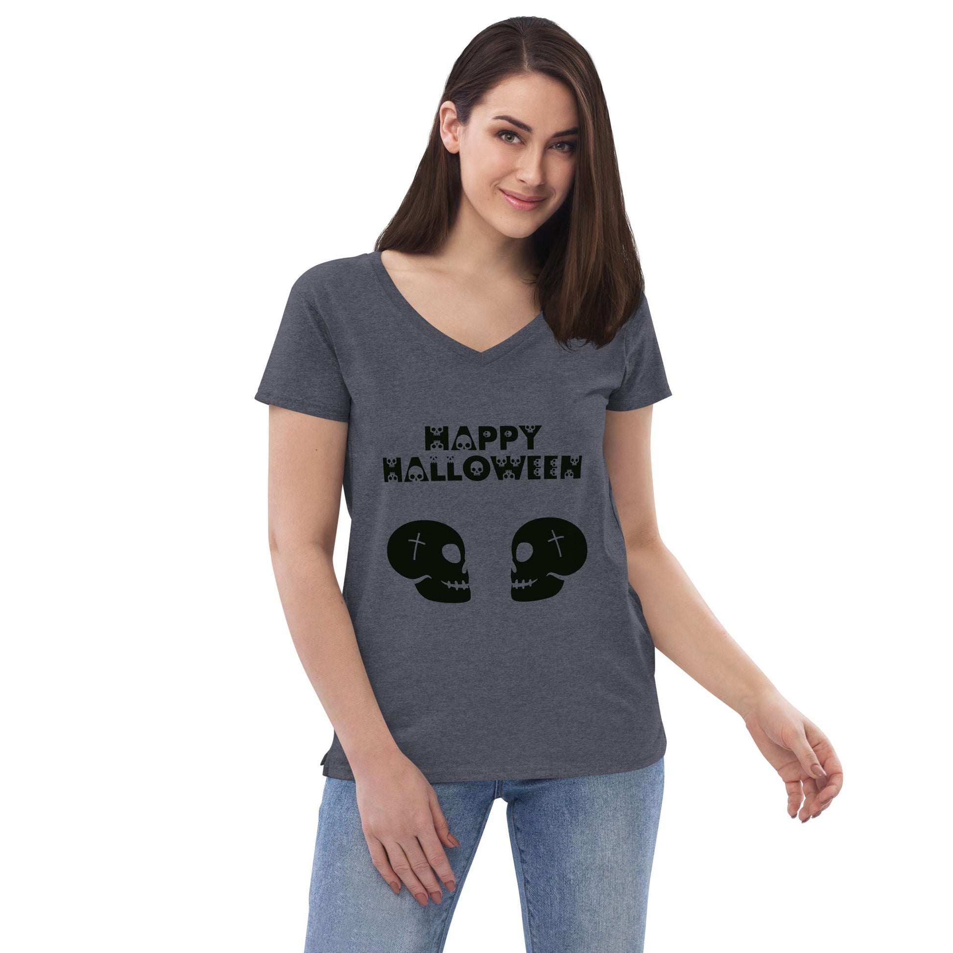 Happy Halloween in Black Skull Font with 2 Facing Skulls Women’s recycled v-neck t-shirt - Lizard Vigilante