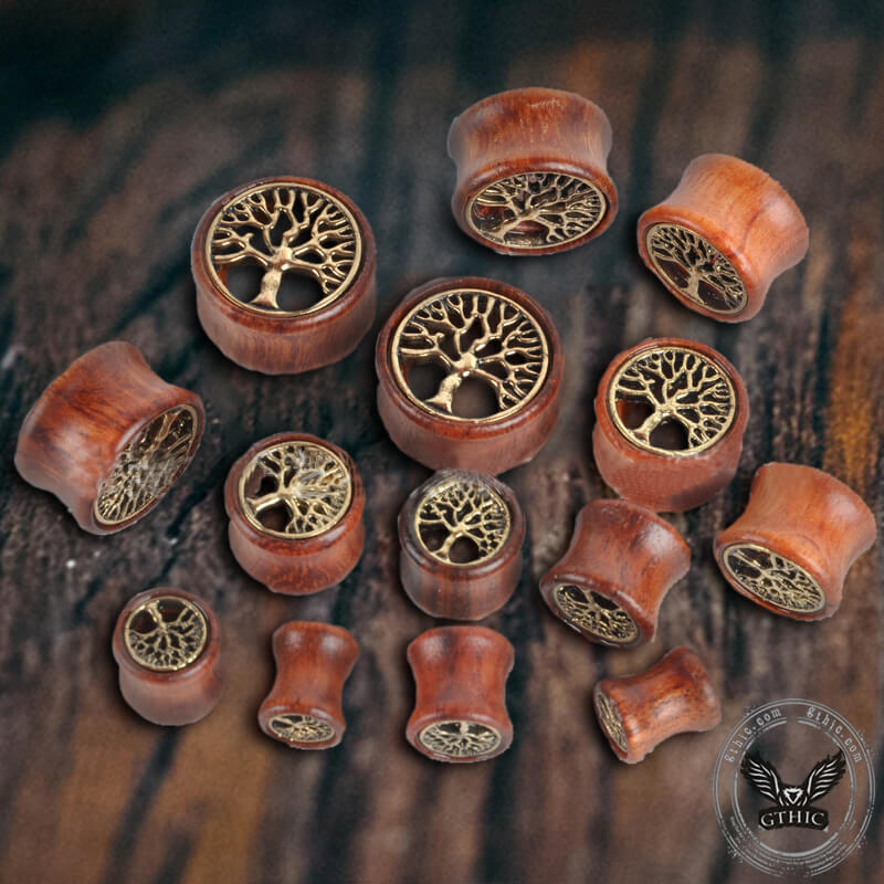 Wooden Tree of Life Brass Ear Gauges