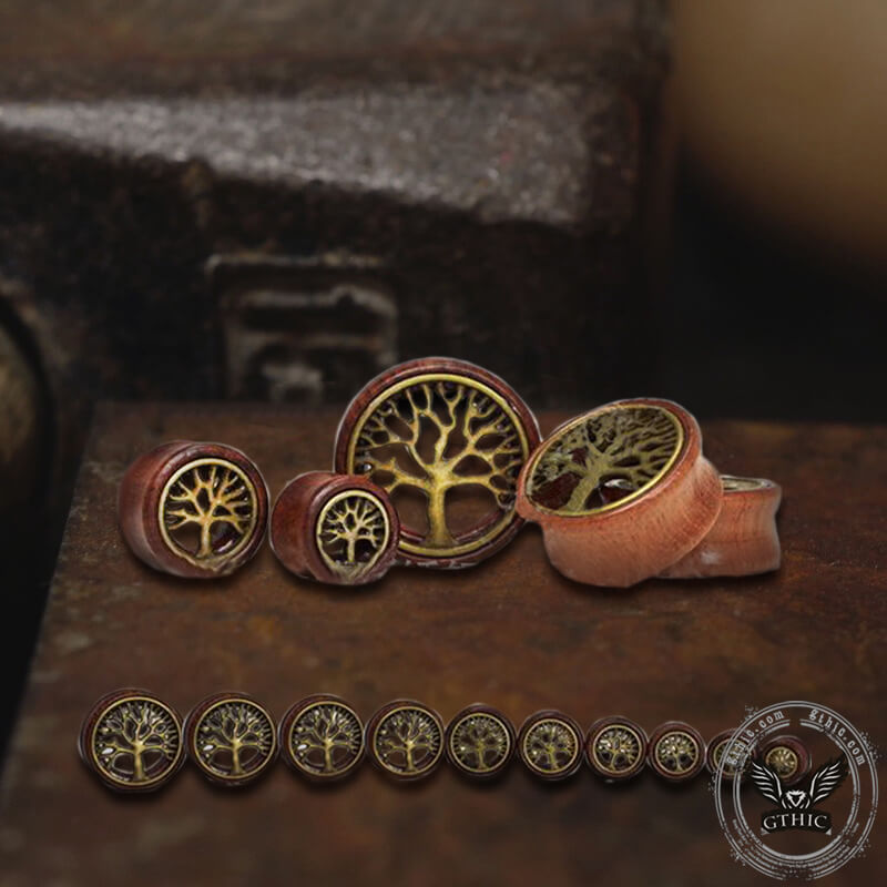 Wooden Tree of Life Brass Ear Gauges
