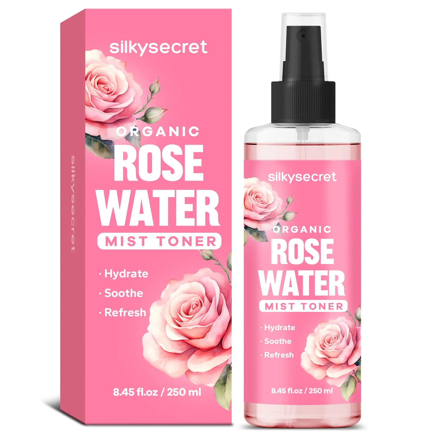 SilkySecret Organic Rose Water Spray (8.45 Fl Oz) Rosewater Spray for Face & Hair Hydrating Face Mist Toner Rose Water for Skin Care