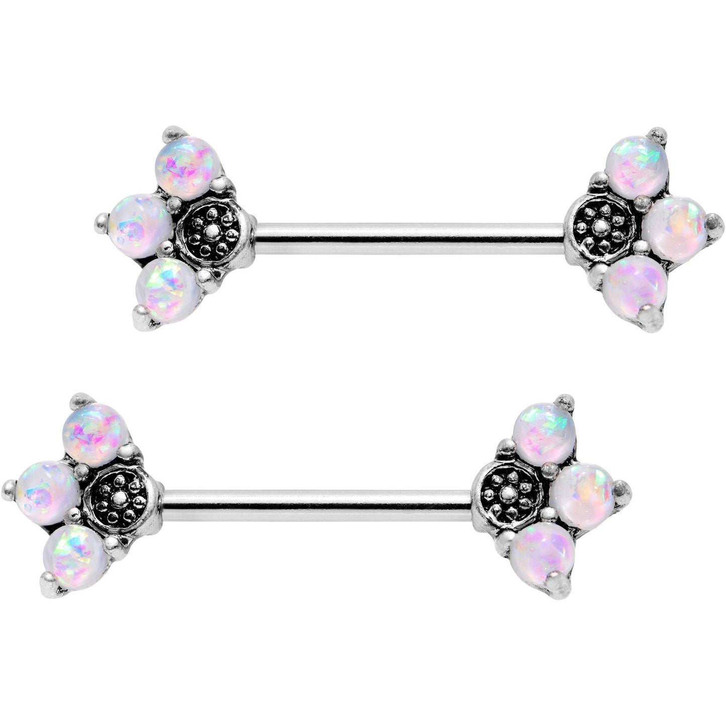 9/16 White Faux Opal Three Petal Flower Barbell Nipple Ring Set