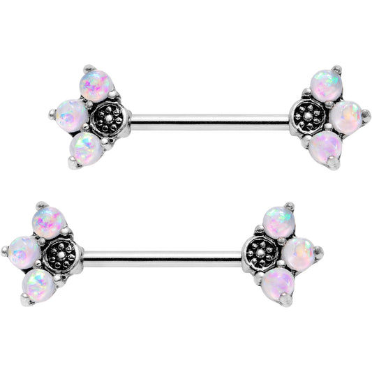 9/16 White Faux Opal Three Petal Flower Barbell Nipple Ring Set