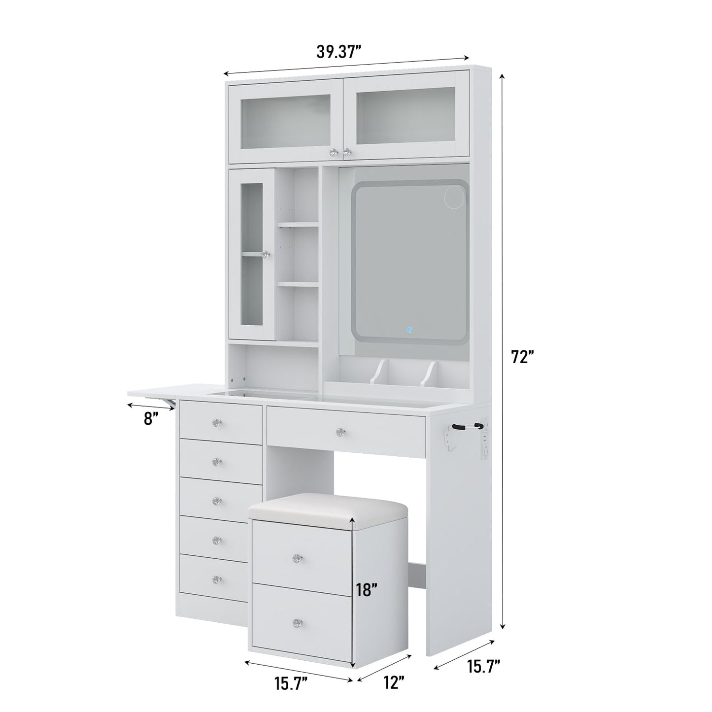 Yanosaku VD022 Vanity Desk with Mirror, Lights, Drawers, Stool, White
