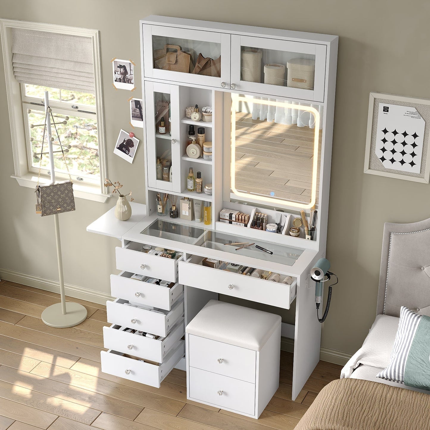 Yanosaku VD022 Vanity Desk with Mirror, Lights, Drawers, Stool, White